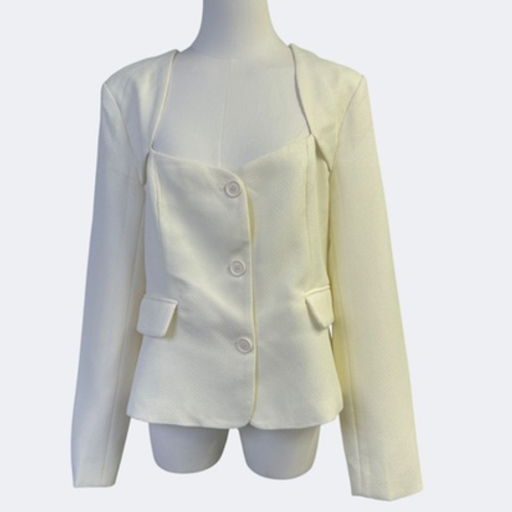 Lulus Blazer XL Off White Tweed Collarless Cropped Jacket Sweetheart Button Up